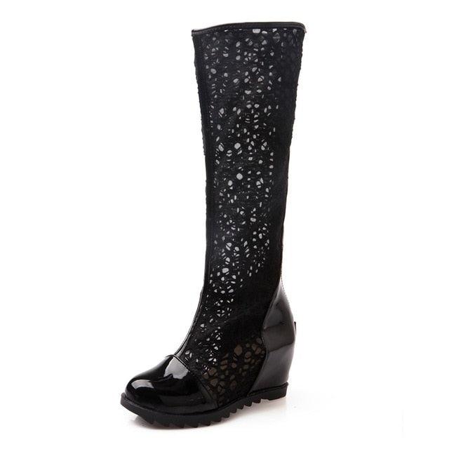 Mesh Knee High Platform Boots - TeresaCollections