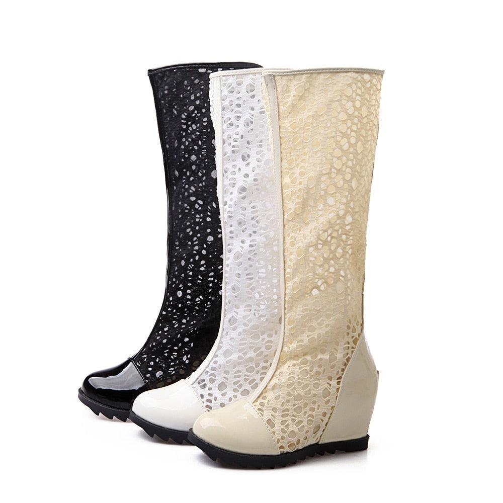 Mesh Knee High Platform Boots - TeresaCollections