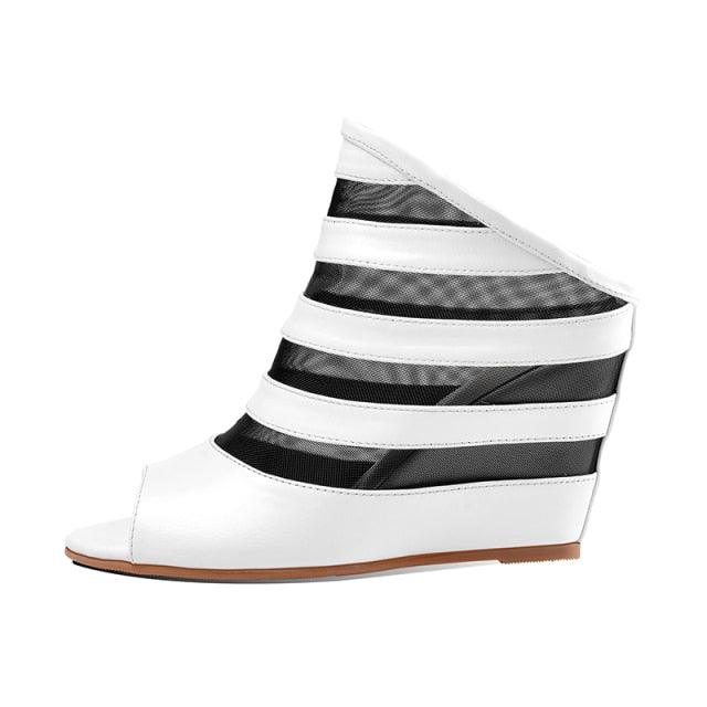 Black and white genuine leather striped platform wedges - TeresaCollections