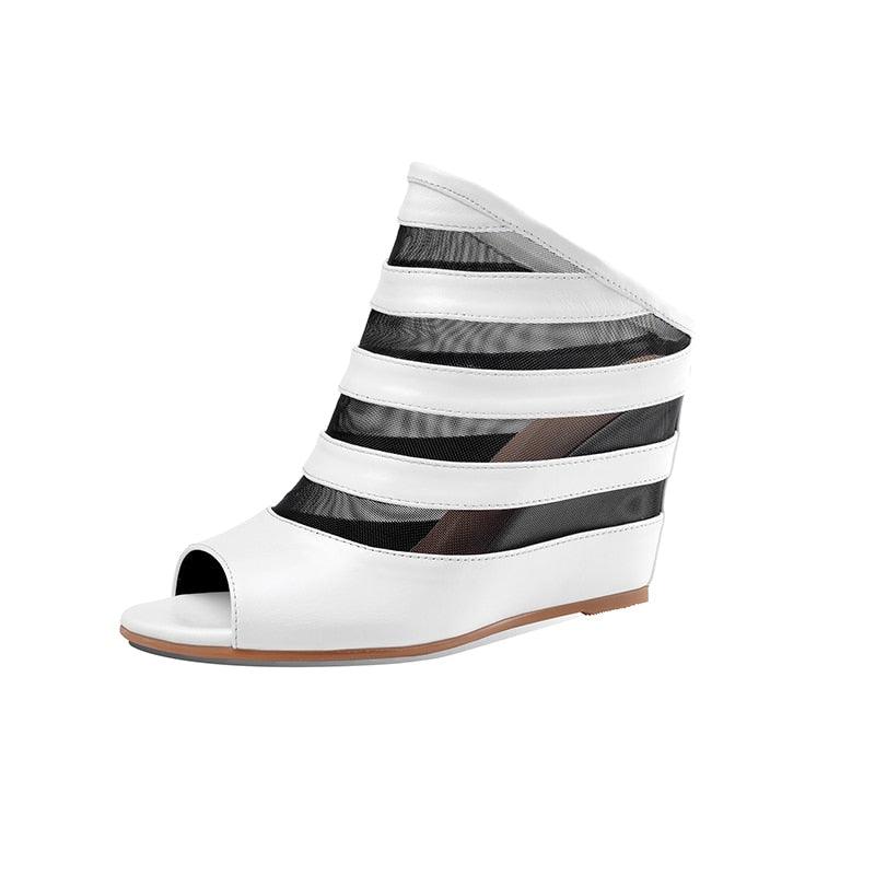 Black and white genuine leather striped platform wedges - TeresaCollections