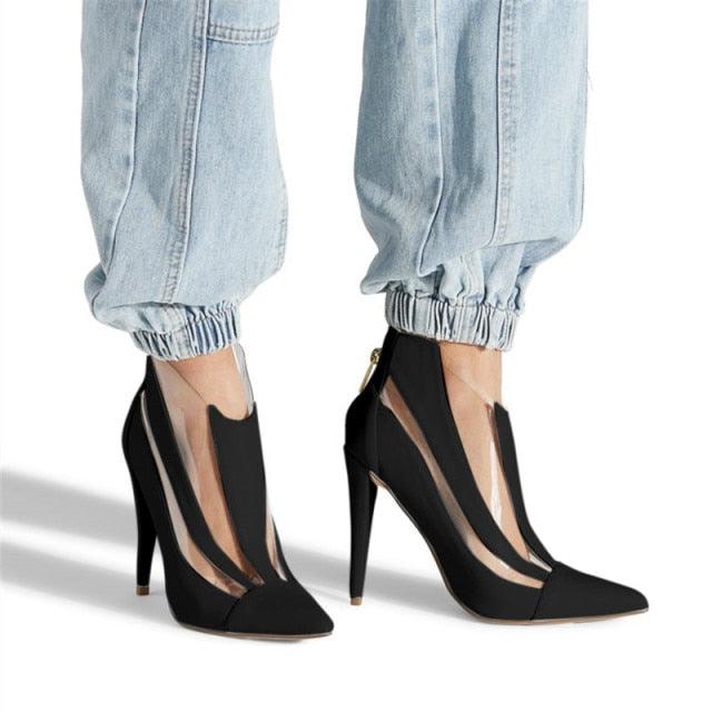 Pointed toe zip sexy thin high heel ankle boots - TeresaCollections