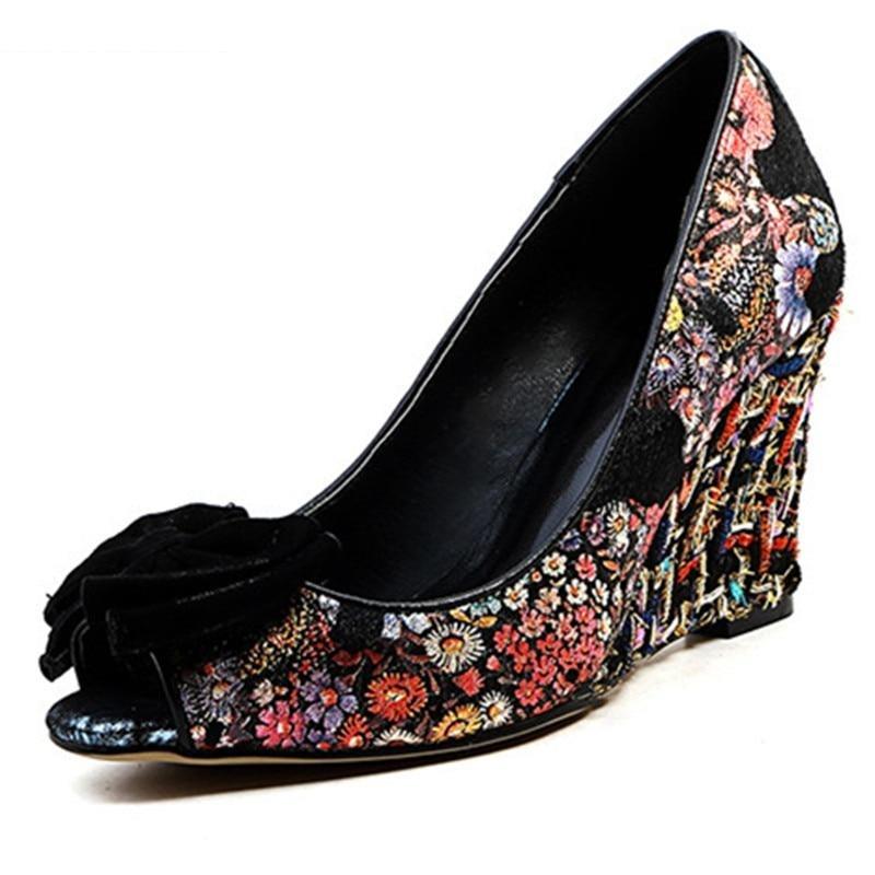Embroidery  peep toe bowknot elegant wedges - TeresaCollections