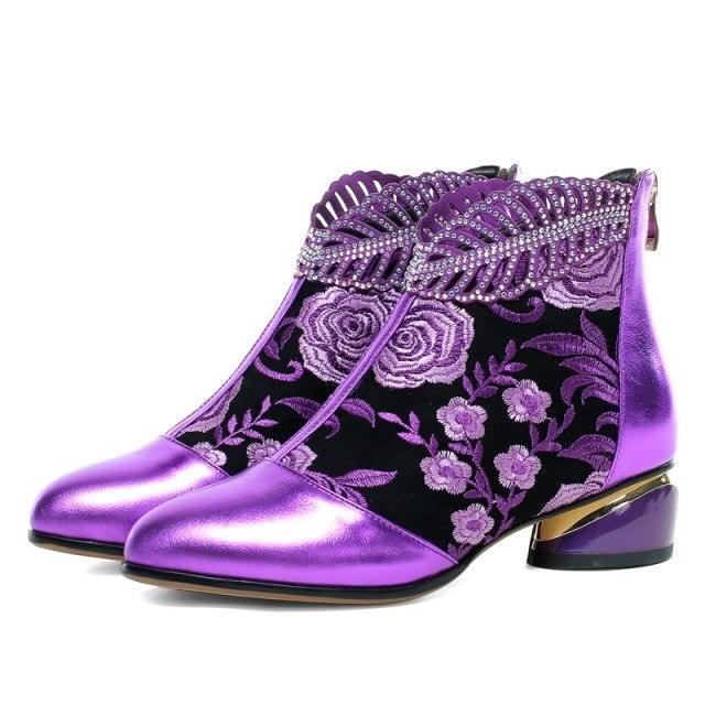 Genuine leather boots embroidery ethnic bohemia zipper booties - TeresaCollections