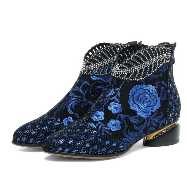 Genuine leather boots embroidery ethnic bohemia zipper booties - TeresaCollections