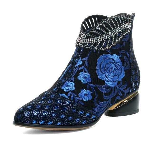Genuine leather boots embroidery ethnic bohemia zipper booties - TeresaCollections