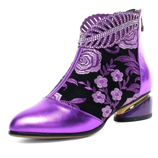 Genuine leather boots embroidery ethnic bohemia zipper booties - TeresaCollections