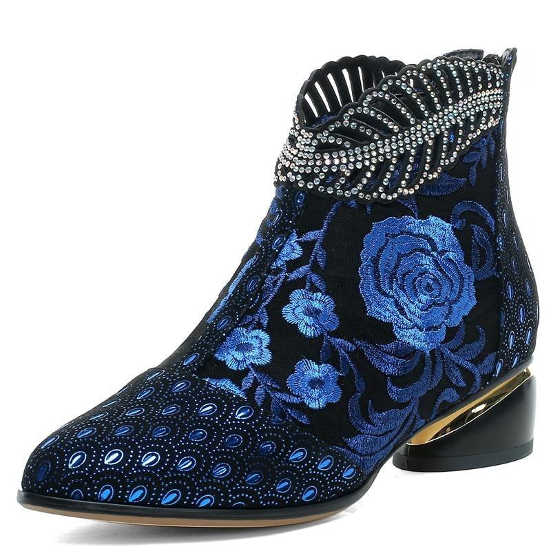 Genuine leather boots embroidery ethnic bohemia zipper booties - TeresaCollections