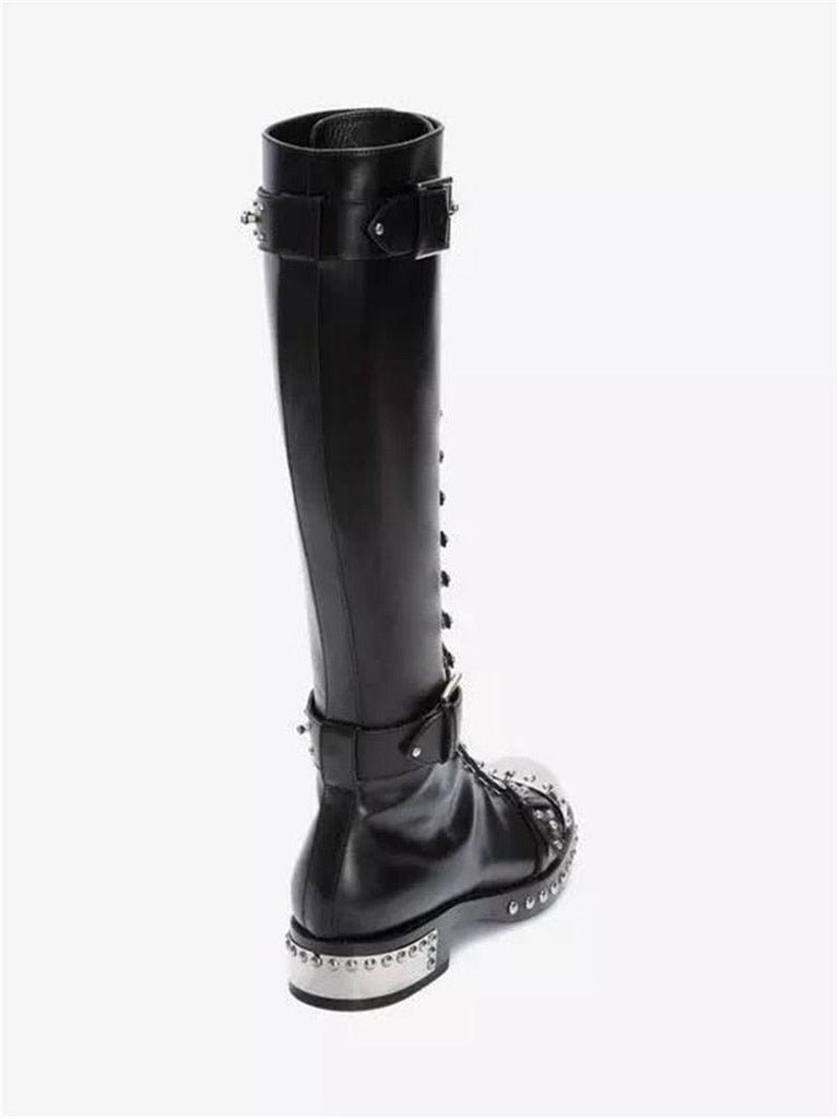 Black and Silver Classic Genuine Leather Knee High Boots - TeresaCollections