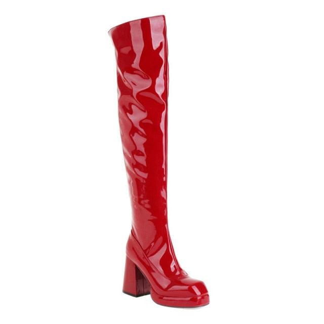 Red Over The Knee Square Toe Zip Sexy Long Boots - TeresaCollections