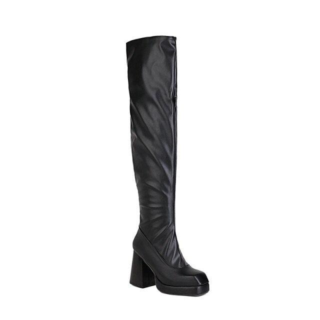 Black Over Knee Platform Pleated Zip Winter Boots - TeresaCollections