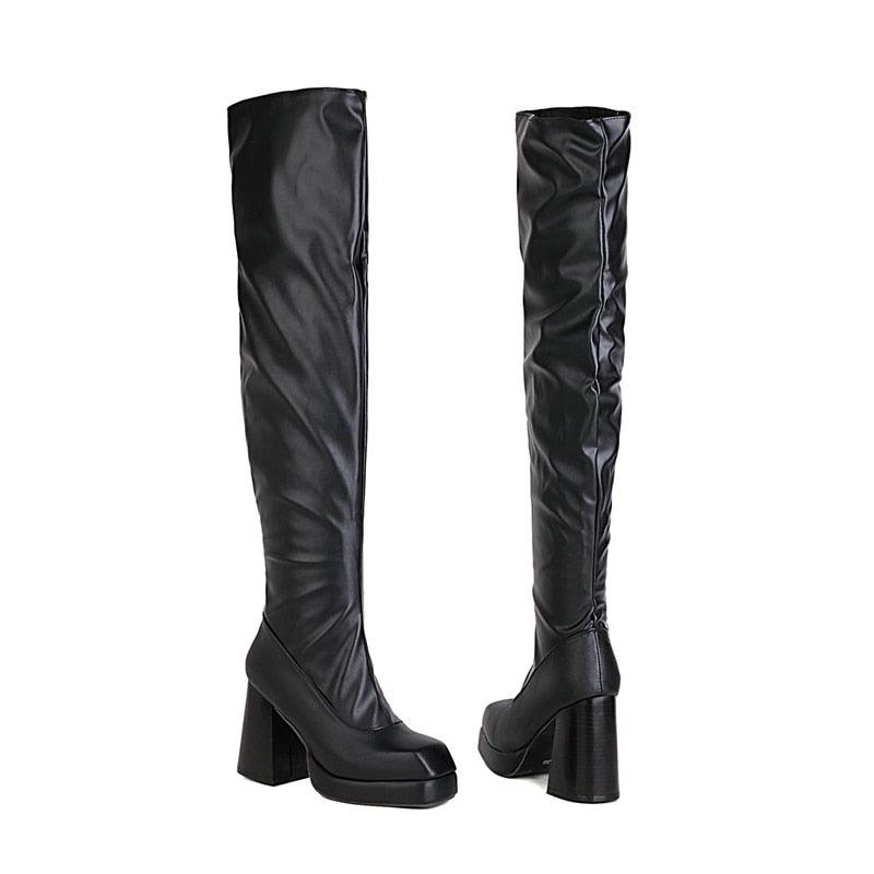 Black Over Knee Platform Pleated Zip Winter Boots - TeresaCollections