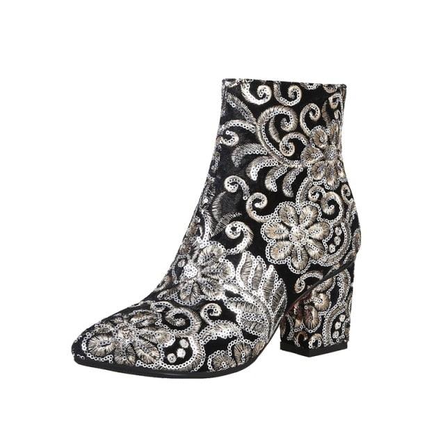 Embroidery thick high heels autumn winter ankle boots - TeresaCollections