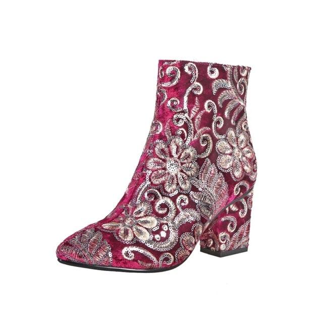 Embroidery thick high heels autumn winter ankle boots - TeresaCollections