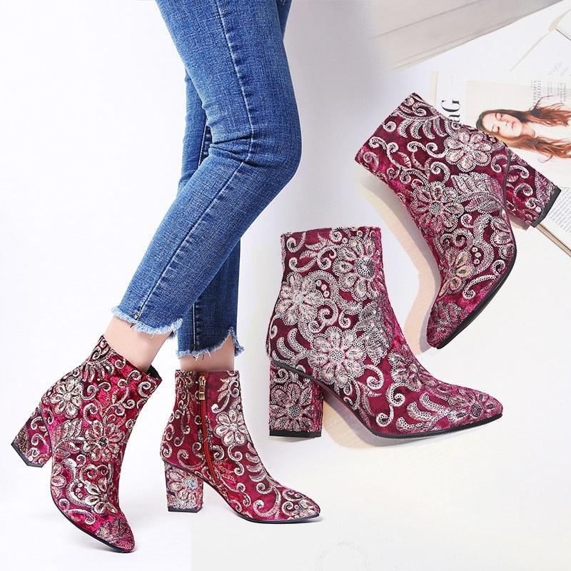 Embroidery thick high heels autumn winter ankle boots - TeresaCollections