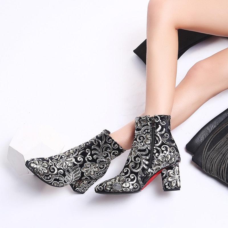 Embroidery thick high heels autumn winter ankle boots - TeresaCollections