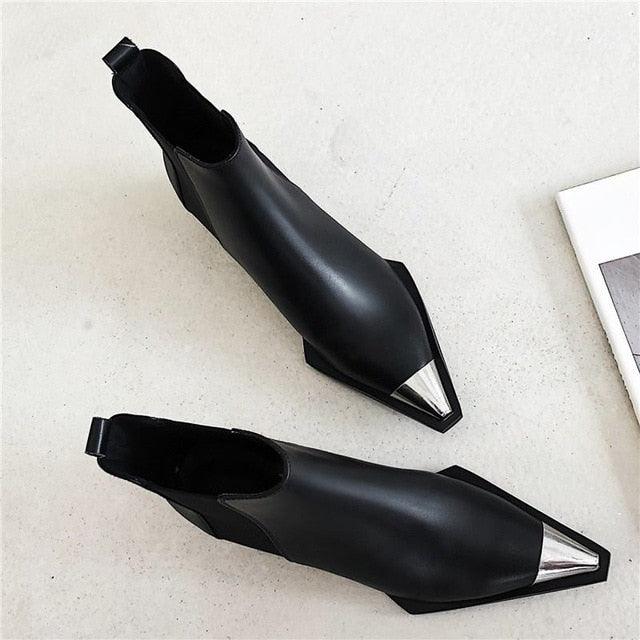 Genuine Leather Metal Pointed Toe Ankle Boots - TeresaCollections