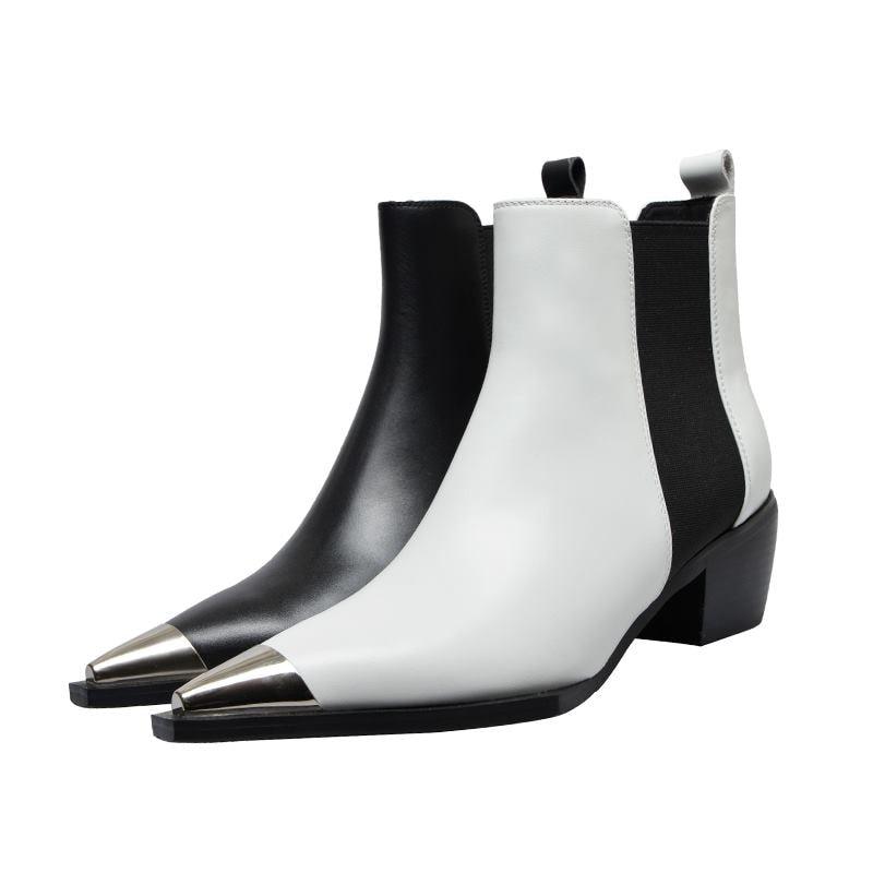 Genuine Leather Metal Pointed Toe Ankle Boots - TeresaCollections