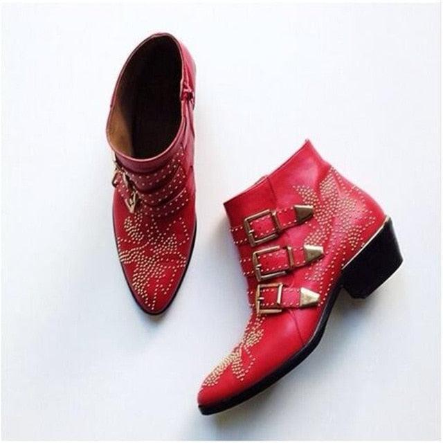 Round Toe Rivet Flower Boots Genuine Leather Ankle Boots - TeresaCollections