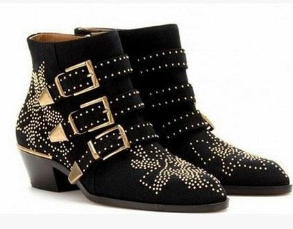 Round Toe Rivet Flower Boots Genuine Leather Ankle Boots - TeresaCollections