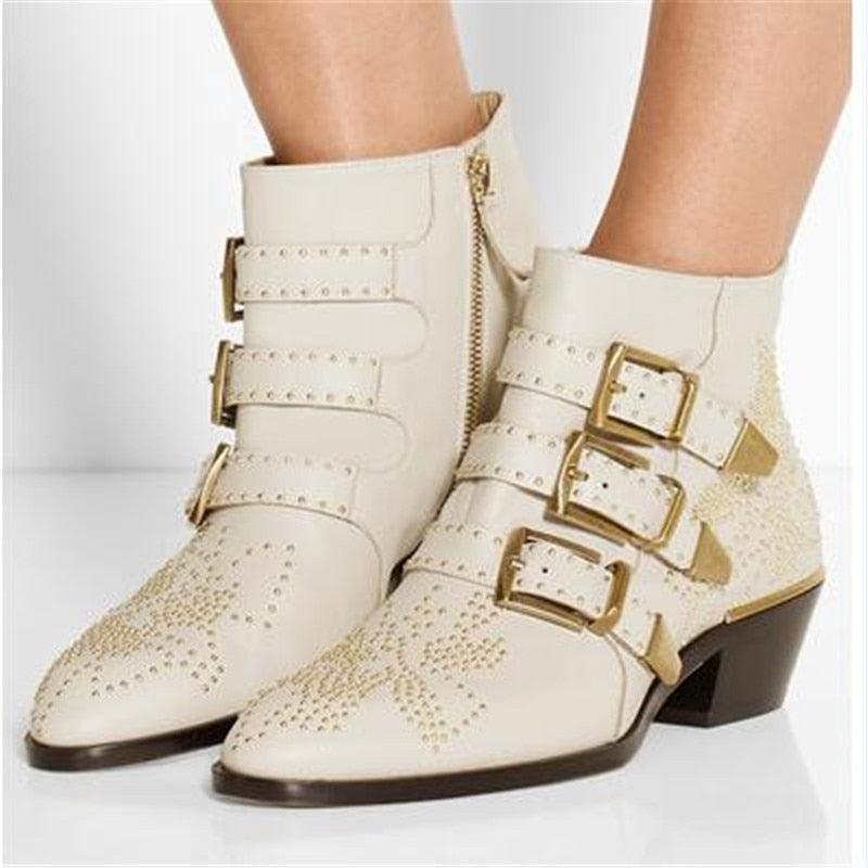 Round Toe Rivet Flower Boots Genuine Leather Ankle Boots - TeresaCollections