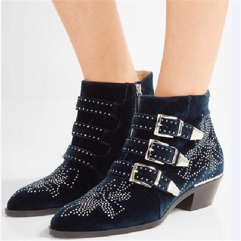 Round Toe Rivet Flower Boots Genuine Leather Ankle Boots - TeresaCollections