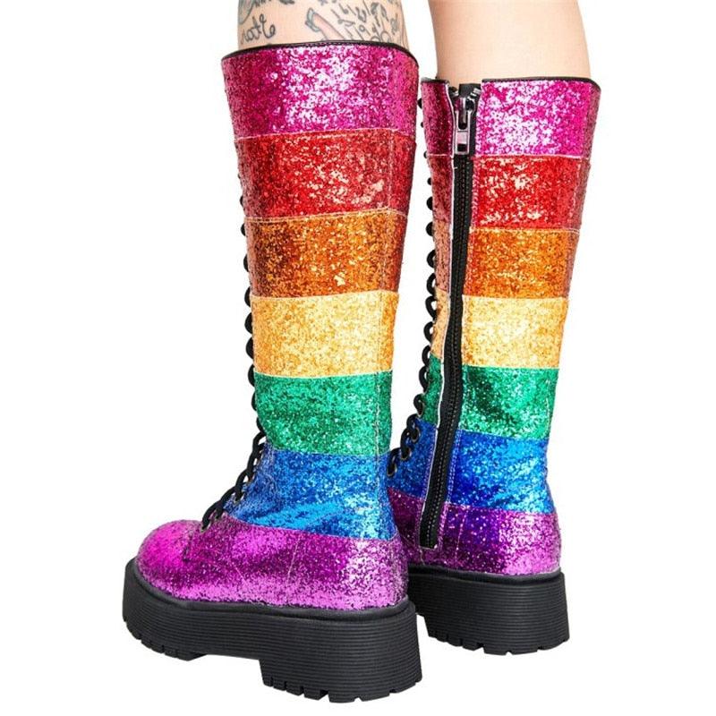 Rainbow Color Platform Women Cross-Tied Mid-Calf Sequin Boots - TeresaCollections