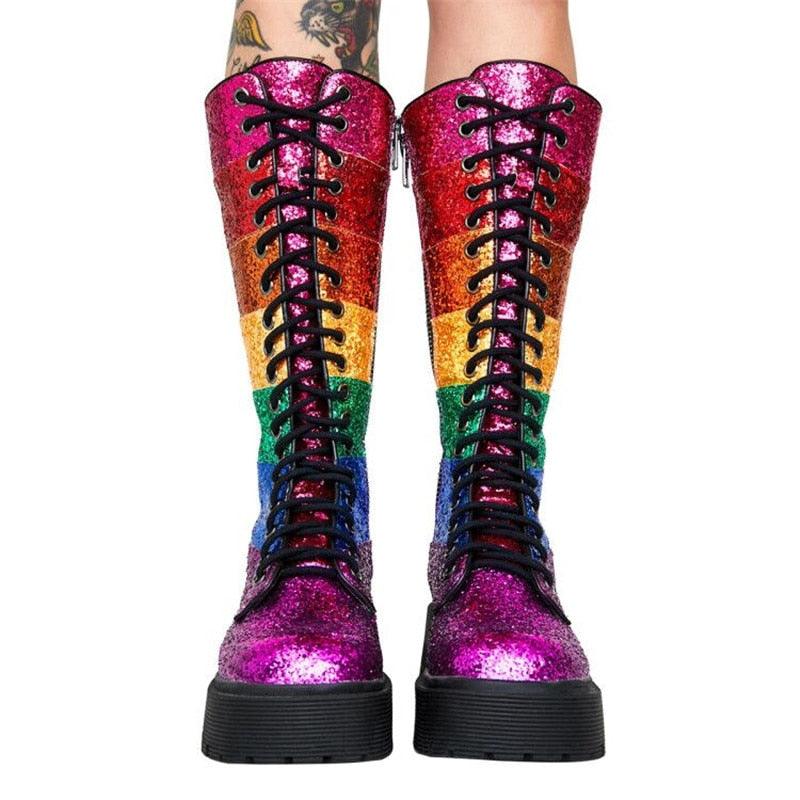 Rainbow Color Platform Women Cross-Tied Mid-Calf Sequin Boots - TeresaCollections