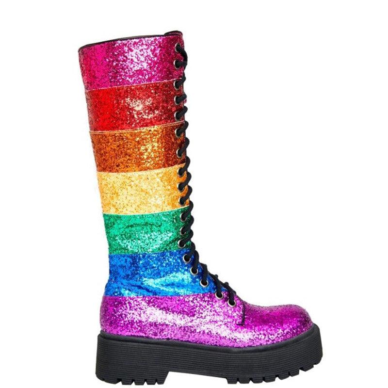 Rainbow Color Platform Women Cross-Tied Mid-Calf Sequin Boots - TeresaCollections