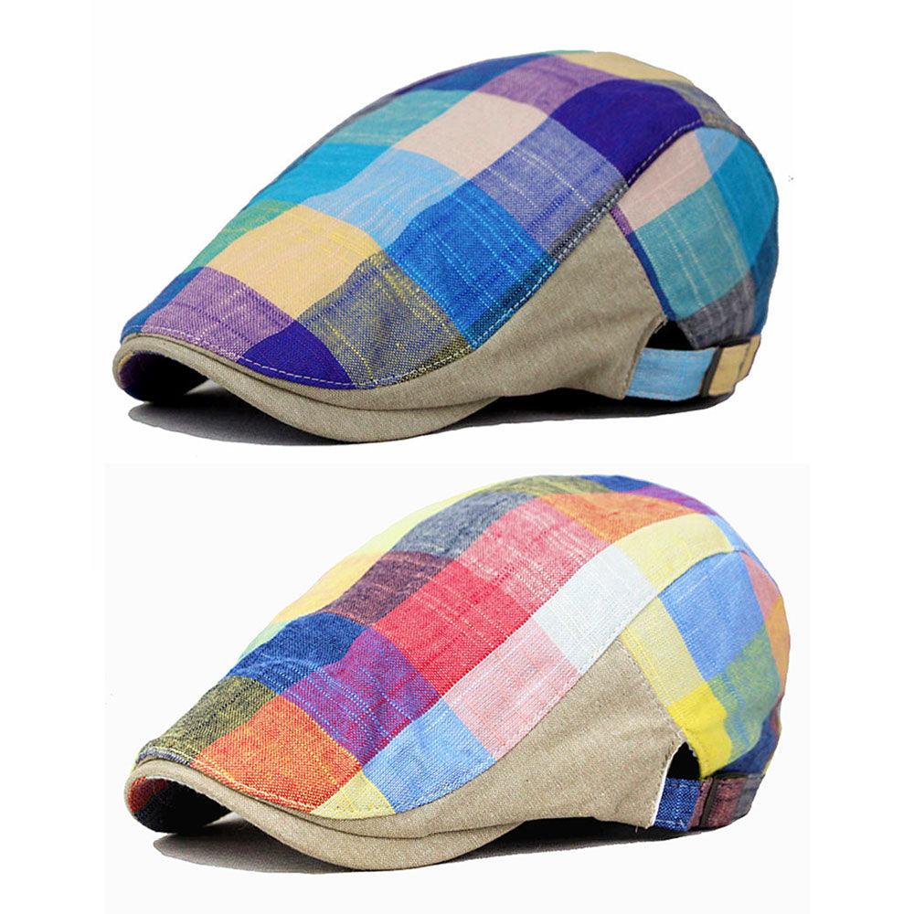 Men Colorful Plaids Checks Cap Flat Cabbie Newsboy Hat - TeresaCollections