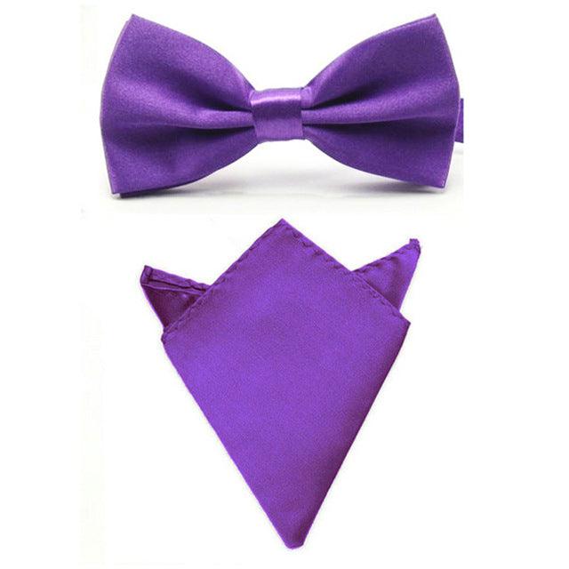 Men Satin Solid Color Bowtie Pocket Square Set BowTie - TeresaCollections
