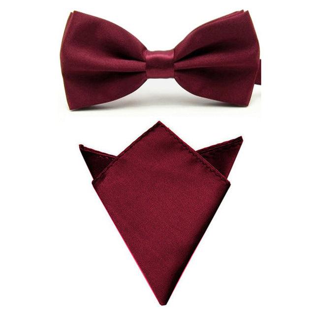 Men Satin Solid Color Bowtie Pocket Square Set BowTie - TeresaCollections