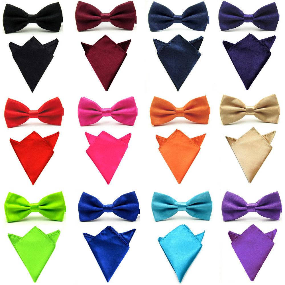 Men Satin Solid Color Bowtie Pocket Square Set BowTie - TeresaCollections