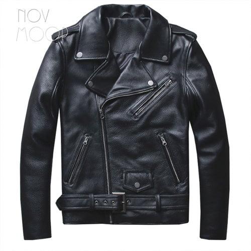 Men Off-center Zipper Black Genuine Leather Cowskin Motorcycle Biker Jackets - TeresaCollections