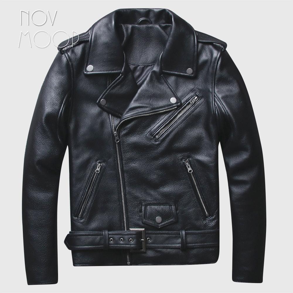 Men Off-center Zipper Black Genuine Leather Cowskin Motorcycle Biker Jackets - TeresaCollections