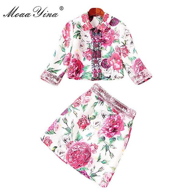 Floral Rose Print Elegant Top+Sequin Mini Skirt Two-piece suit - TeresaCollections