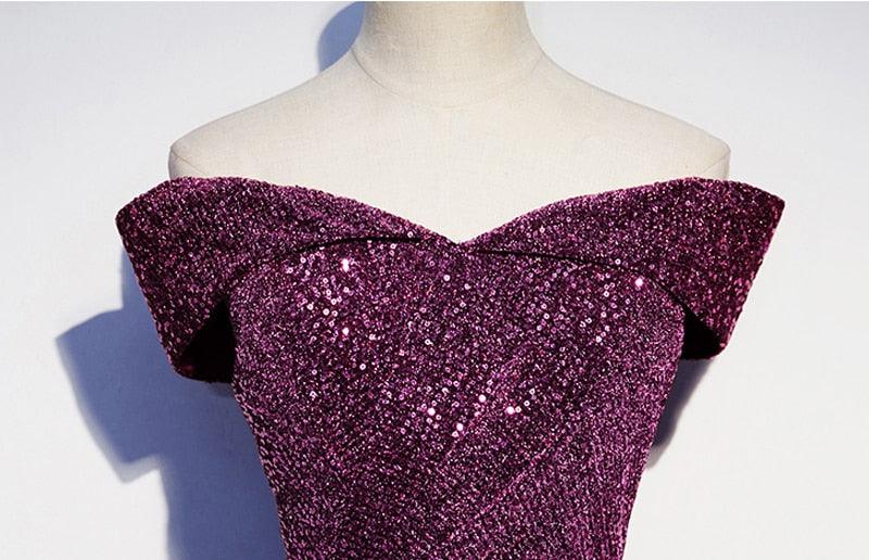 Sequined Boat Neck Cap Sleeves Long Evening Dress - TeresaCollections