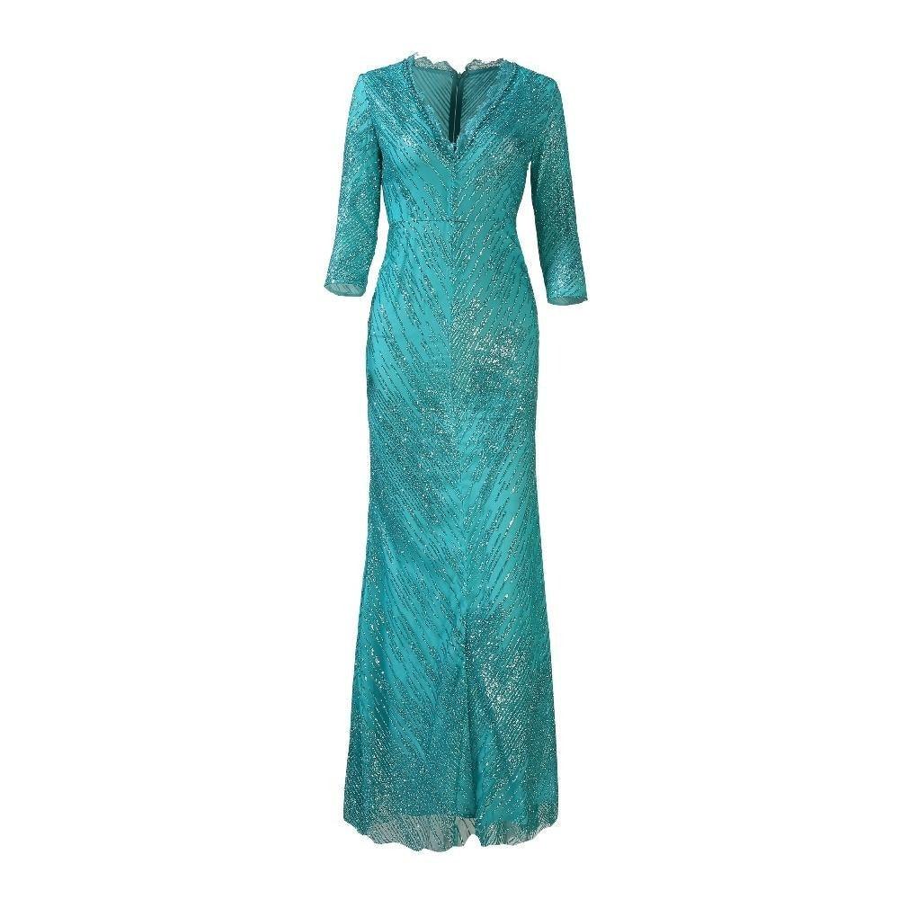 Green Beaded Sequined V-Neck Three Quarter Sleeve Maxi Dress - TeresaCollections
