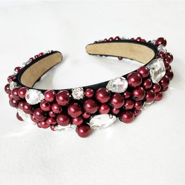 Crystal Full Pearl Unique Red Wine Wide Design Hairband - TeresaCollections