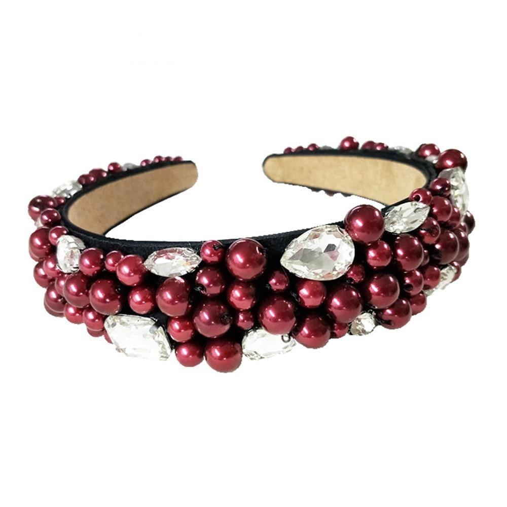 Crystal Full Pearl Unique Red Wine Wide Design Hairband - TeresaCollections