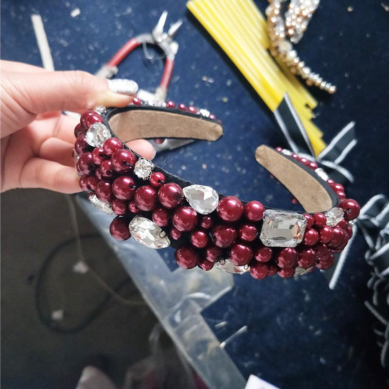 Crystal Full Pearl Unique Red Wine Wide Design Hairband - TeresaCollections