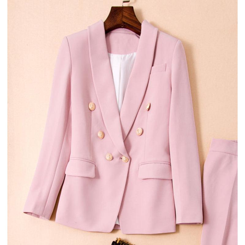 Designer Blazer Suit Set Lion Buttons Double Breasted Blazer Pants Suit - TeresaCollections