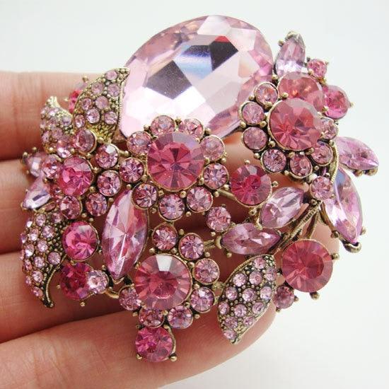 New Fashion Pretty Pink Flower Leaf Pendant Brooch Pin Rhinestone Crystal - TeresaCollections