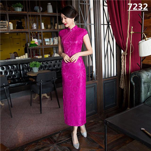 Purple Cheongsam Chinese Female Lace Qipao Dress - TeresaCollections