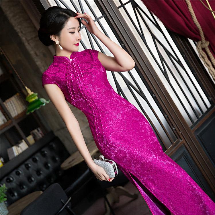 Purple Cheongsam Chinese Female Lace Qipao Dress - TeresaCollections