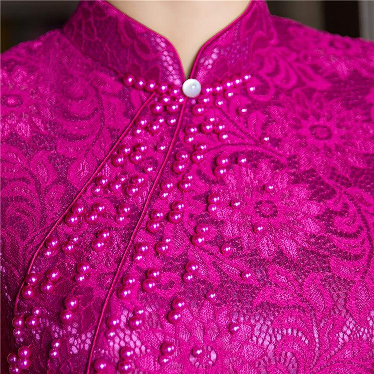 Purple Cheongsam Chinese Female Lace Qipao Dress - TeresaCollections