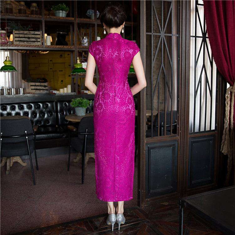 Purple Cheongsam Chinese Female Lace Qipao Dress - TeresaCollections