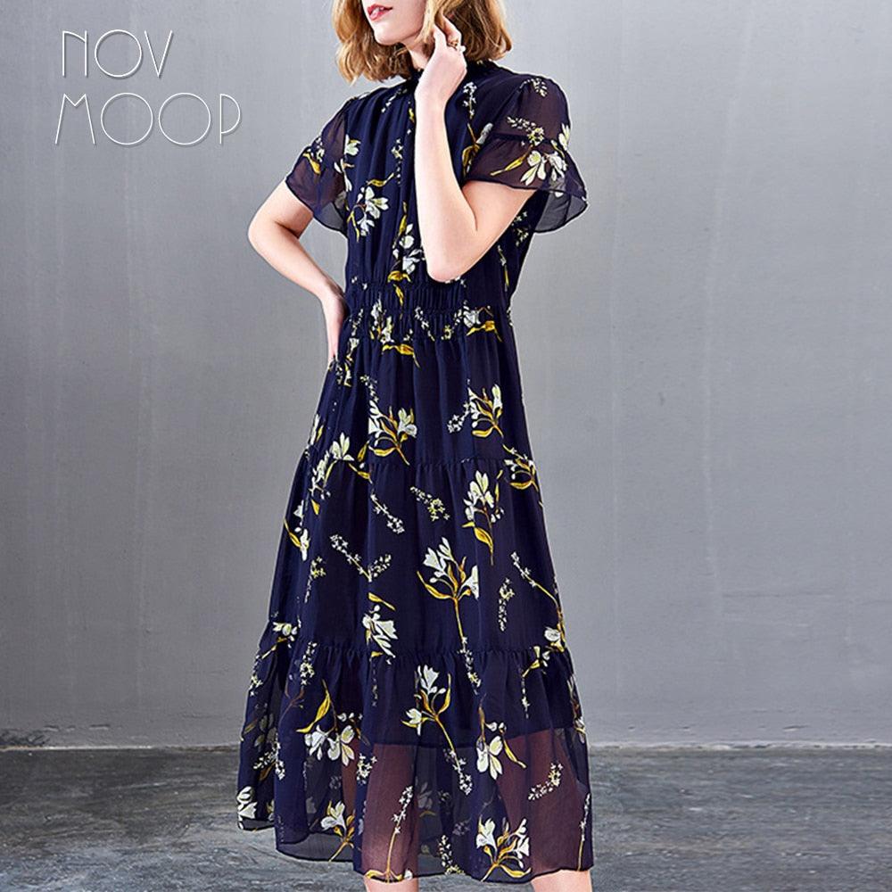 Autumn Blue Elegant Floral Print Elastic Waist 100% Silk Dress - TeresaCollections