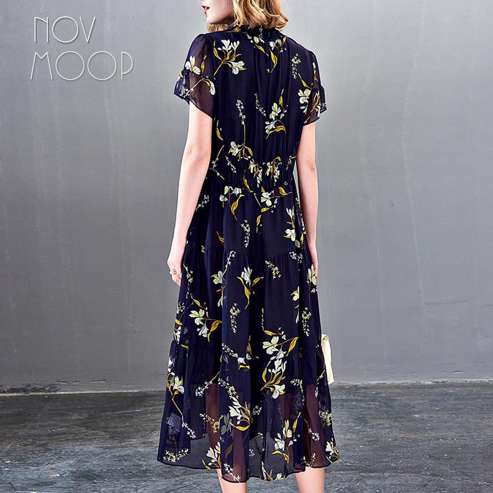 Autumn Blue Elegant Floral Print Elastic Waist 100% Silk Dress - TeresaCollections