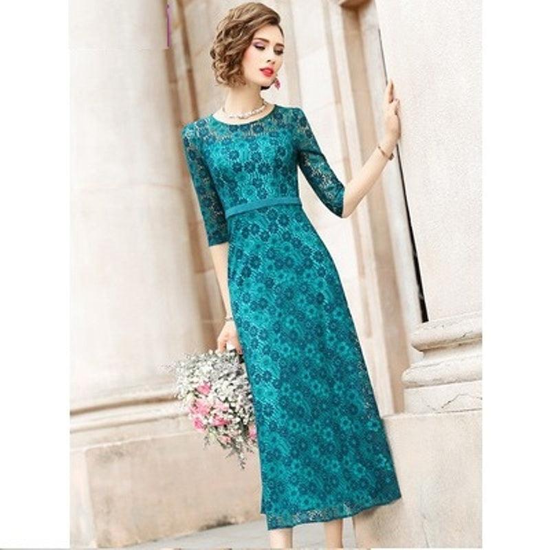 Green Vintage Solid Lace  A Line Dress - TeresaCollections