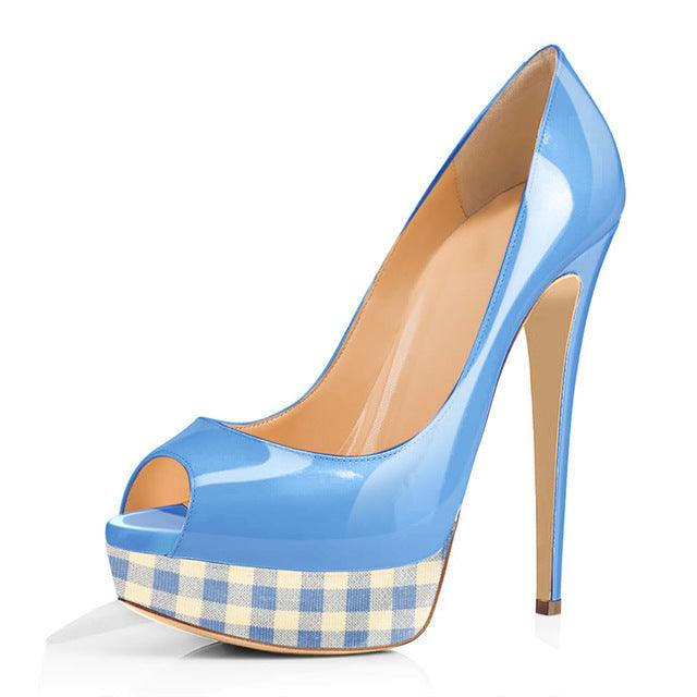 Platform Peep Toe Patent Leather Plaid High Heel Pump - TeresaCollections